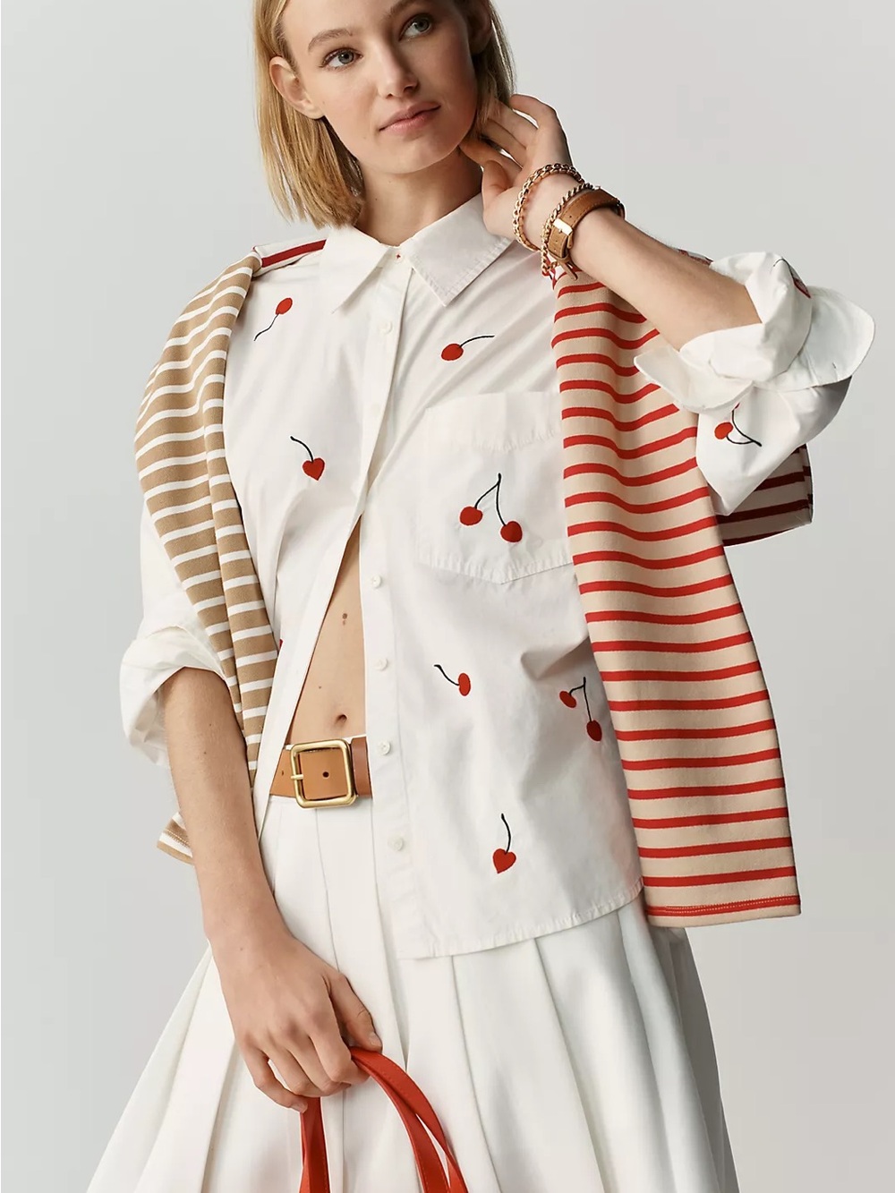 Maeve White Button-Down Shirt with Red Cherry Print